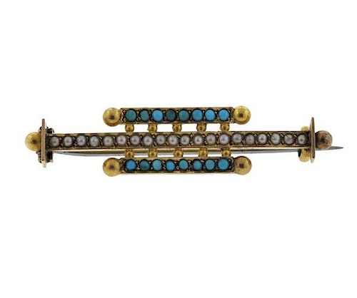 Antique Victorian 15K Gold Pearl Turquoise Pin