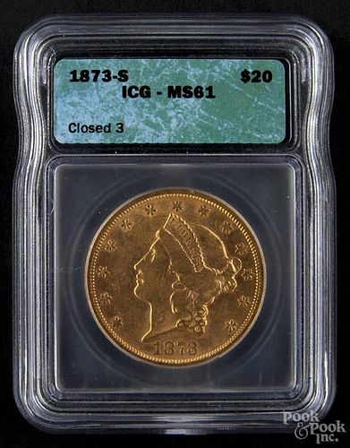 Gold Liberty Head twenty dollar coin, 1873 S, ICG MS-61.