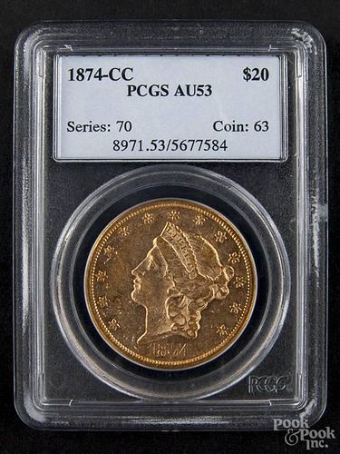 Gold Liberty Head twenty dollar coin, 1874 CC, PCGS AU-53.