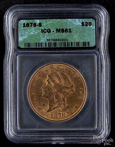 Gold Liberty Head twenty dollar coin, 1878 S, ICG MS-61.