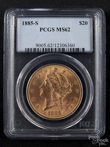 Gold Liberty Head twenty dollar coin, 1885 S, PCGS MS-62.