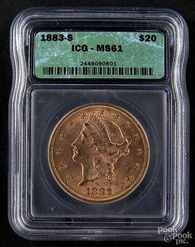 Gold Liberty Head twenty dollar coin, 1883 S, ICG MS-61.