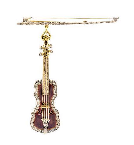 A Platinum, Gold, Polychrome Enamel and Diamond Violin Brooch, Germany, Circa 1920, 15.10 dwts.