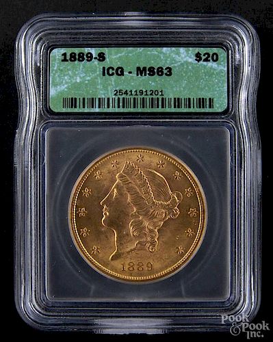 Gold Liberty Head twenty dollar coin, 1889 S, ICG MS-63.