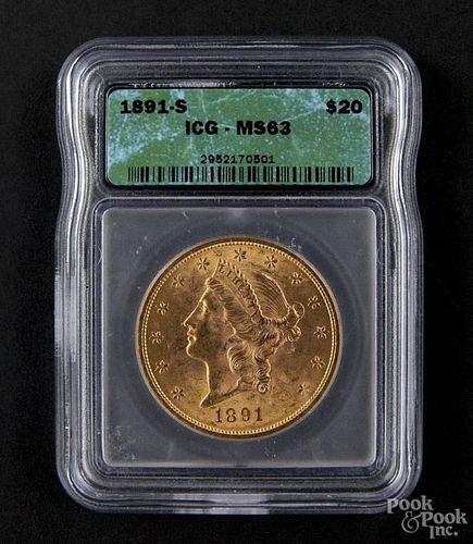 Gold Liberty Head twenty dollar coin, 1891 S, ICG MS-63.