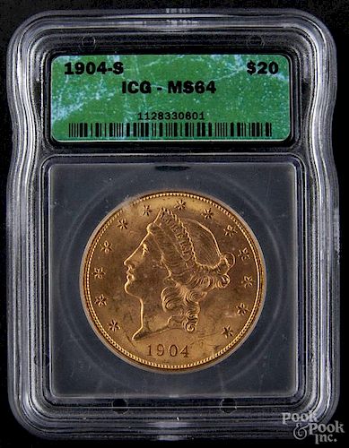 Gold Liberty Head twenty dollar coin, 1904 S, ICG MS-64.