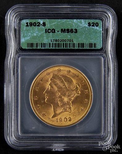 Gold Liberty Head twenty dollar coin, 1902 S, ICG MS-63.
