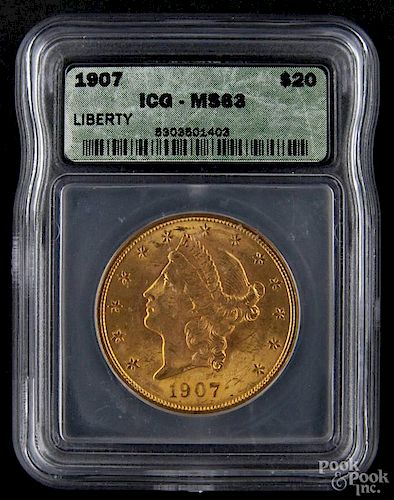 Gold Liberty Head twenty dollar coin, 1907, ICG MS-63.