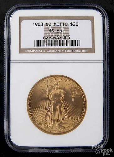 Gold Saint Gaudens twenty dollar coin, 1908, no motto, NGC MS-65.