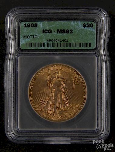 Gold Saint Gaudens twenty dollar coin, 1908, with motto, ICG MS-63.