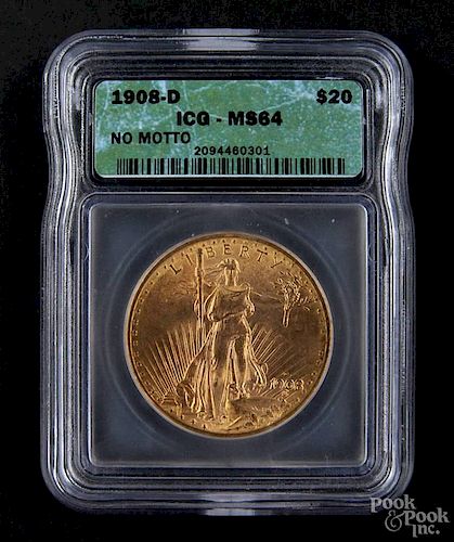 Gold Saint Gaudens twenty dollar coin, 1908 D, no motto, ICG MS-64.