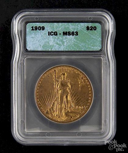 Gold Saint Gaudens twenty dollar coin, 1909, ICG MS-63.