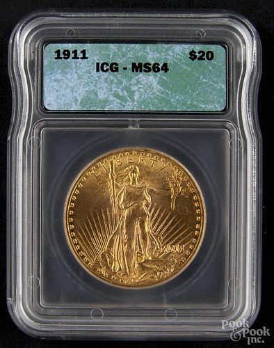 Gold Saint Gaudens twenty dollar coin, 1911, ICG MS-64.