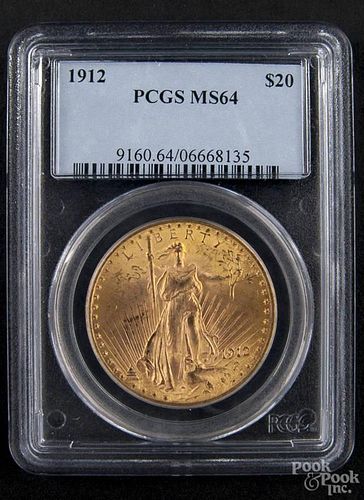 Gold Saint Gaudens twenty dollar coin, 1912, PCGS MS-64.