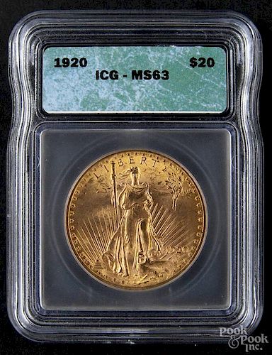 Gold Saint Gaudens twenty dollar coin, 1920, ICG MS-63.