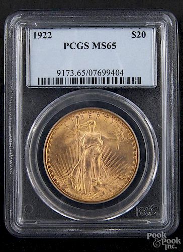 Gold Saint Gaudens twenty dollar coin, 1922, PCGS MS-65.