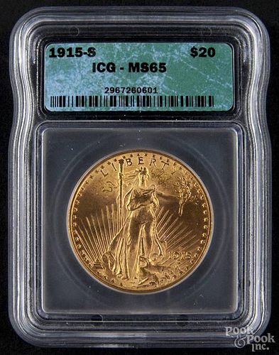 Gold Saint Gaudens twenty dollar coin, 1915 S, ICG MS-65.