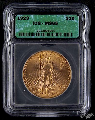 Gold Saint Gaudens twenty dollar coin, 1923, ICG MS-64.
