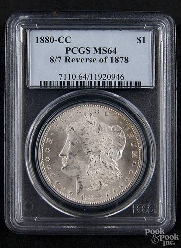 Silver Morgan dollar coin, 1880 CC, 8/7 reverse of 1878, PCGS MS-64.