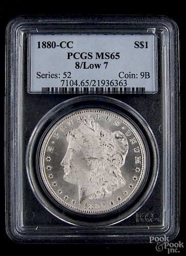 Silver Morgan dollar coin, 1880 CC, 8/low 7, PCGS MS-65.