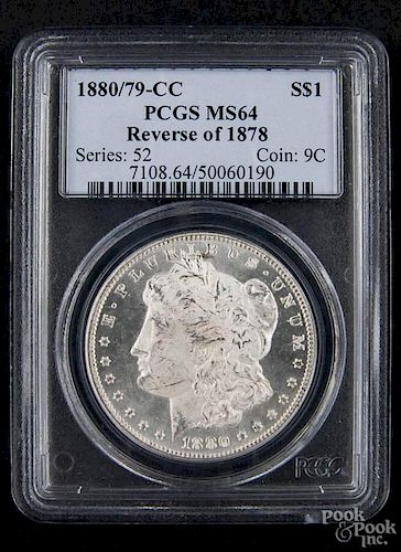 Silver Morgan dollar coin, 1880/79 CC, reverse of 1878, PCGS MS-64.