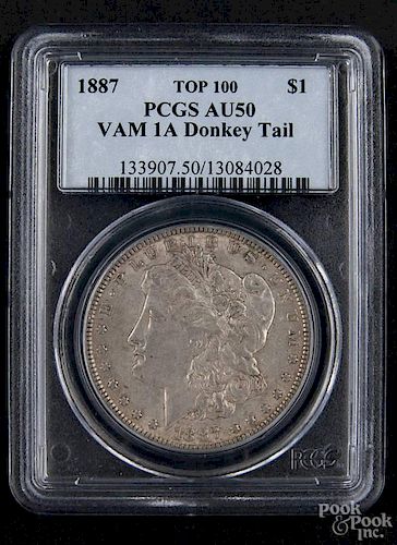 Silver Morgan dollar coin, 1887 top 100, Vam-1A, donkey tail, PCGS AU-50.