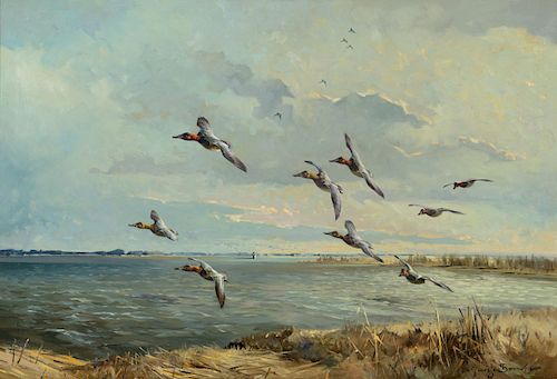 George Browne (1918-1958), Canvasbacks Swinging the Channel, Chesapeake Bay (1950)