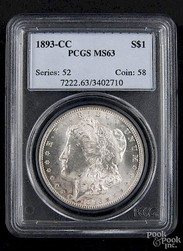 Silver Morgan dollar coin, 1893 CC, PCGS MS-63.