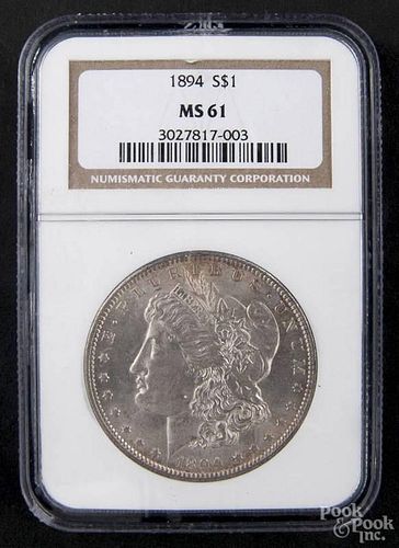 Silver Morgan dollar coin, 1894, NGC MS-61.