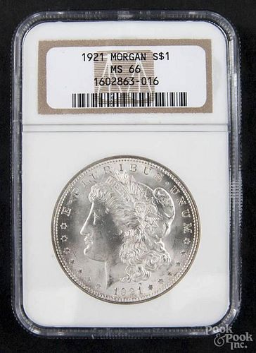 Silver Morgan dollar coin, 1921, NGC MS-66.
