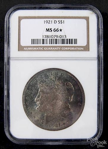 Silver Morgan dollar coin, 1921 D, NGC MS-66* rainbow toned.