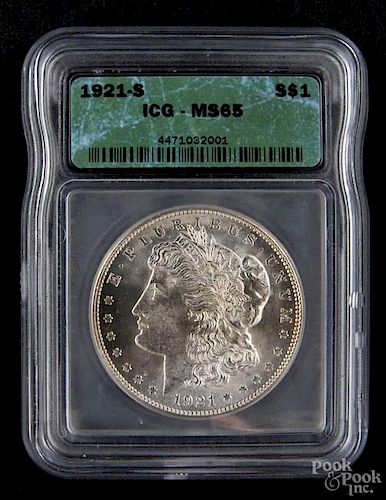 Silver Morgan dollar coin, 1921 S, ICG MS-65.