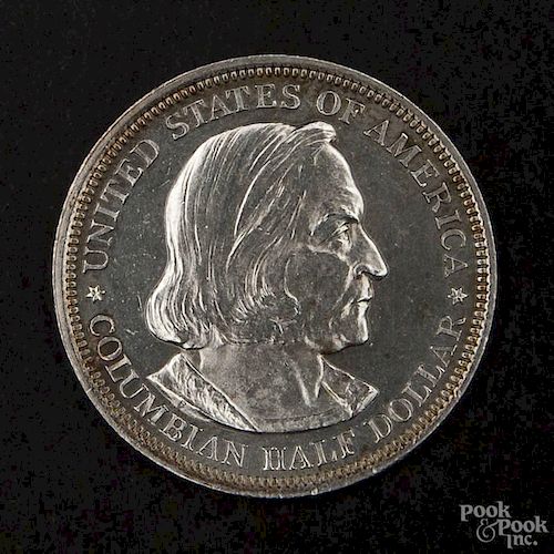 Columbian half dollar coin, 1892, proof like surface, MS-60 to MS-63.