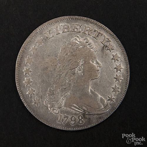 Silver Drape Bust dollar coin, 1798, fine condition.