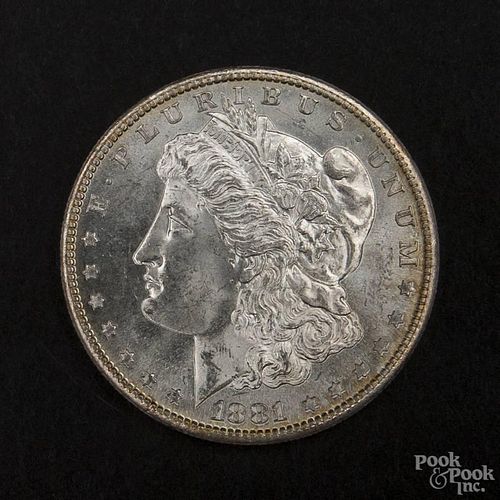 Silver Morgan dollar coin, 1881 S, MS-63.