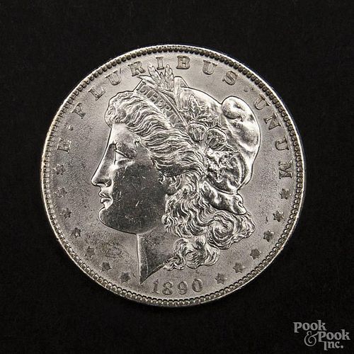 Silver Morgan dollar coin, 1890, MS-63 to MS-64.