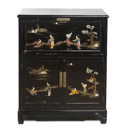A Chinese Export Lacquered and Painted Bar Cabinet, Height 42 1/8 x width 34 x depth 17 3/4 inches.