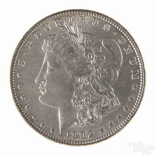 Silver Morgan dollar coin, 1902, MS-60 to MS-63.