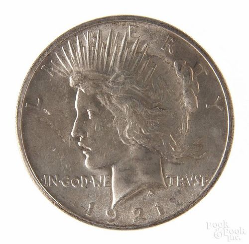 Silver Peace dollar coin, 1921, AU-BU.