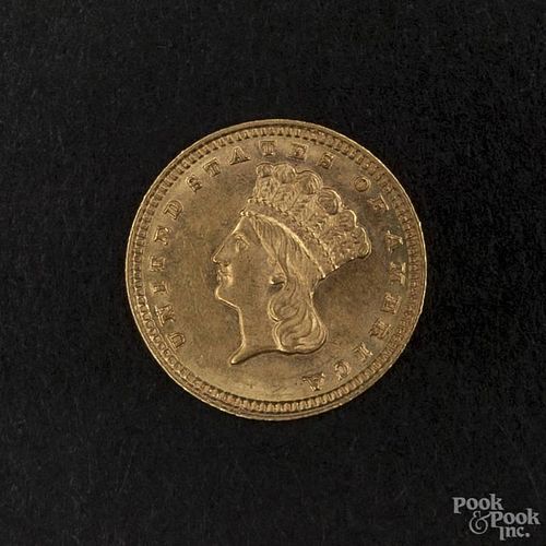 Gold Indian Princess one dollar coin, 1882, type 3, MS-62 to MS-63.