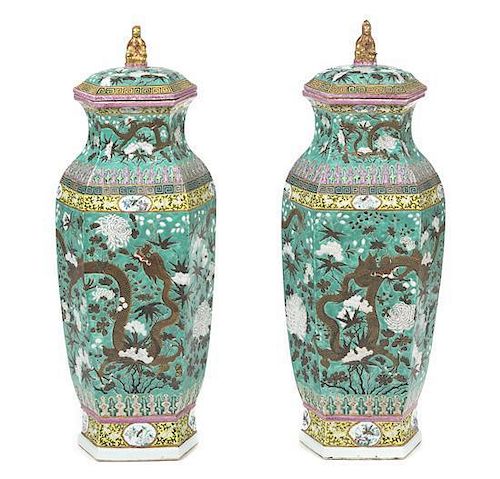 A Pair of Chinese Export Porcelain Covered Urns, Height 38 inches.