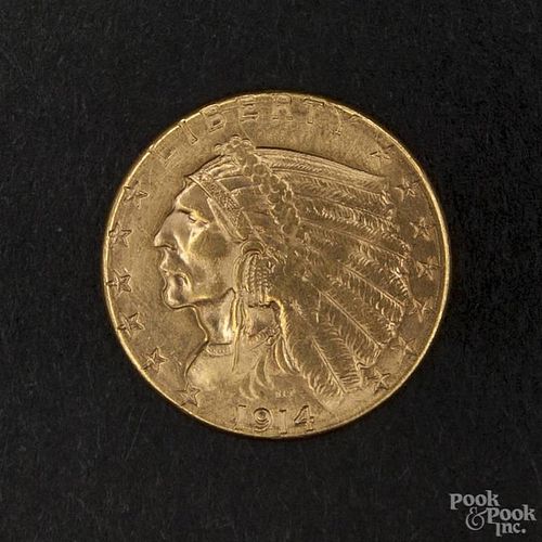 Gold Indian Head two and a half dollar coin, 1914 D, MS-62 to MS-63.