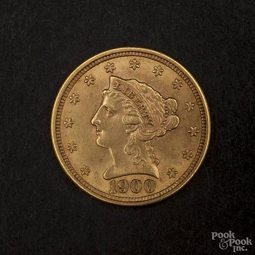 Gold Liberty Head two and a half dollar coin, 1900, MS-62 to MS-63.