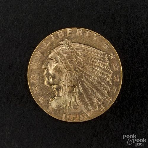 Gold Indian Head two and a half dollar coin, 1928, MS-60 to MS-62.