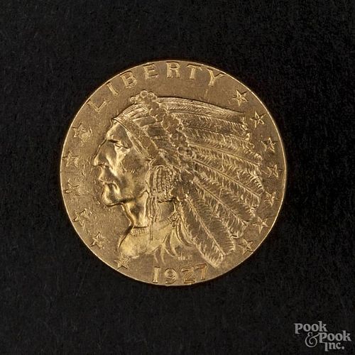 Gold Indian Head two and a half dollar coin, 1927, MS-60 to MS-62.
