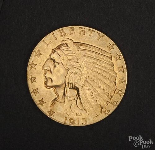 Gold Indian Head five dollar coin, 1913, MS-60 to MS-62.