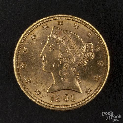 Gold Liberty Head five dollar coin, 1901 S, MS-60 to MS-62.