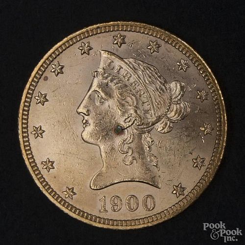 Gold Liberty Head ten dollar coin, 1900, MS-62 to MS-63.