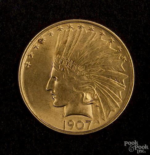 Gold Indian Head ten dollar coin, 1907, MS-60 to MS-62.