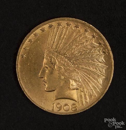 Gold Indian Head ten dollar coin, 1908, MS-60 to MS-62.